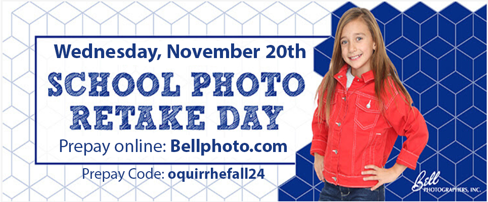 Wed., November 20th, School Photo Retake Day. Prepay online: Bellphoto.com; Prepay Code: oquirrhefall24